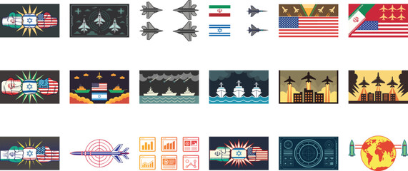 Military conflict and geopolitical set with flags, jets, and warships © CDMIZAN
