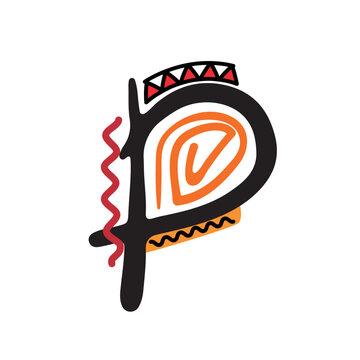 Hand drawn vector illustration of letter P in African ethnic organic style for alphabet design, typography, posters, and educational materials.