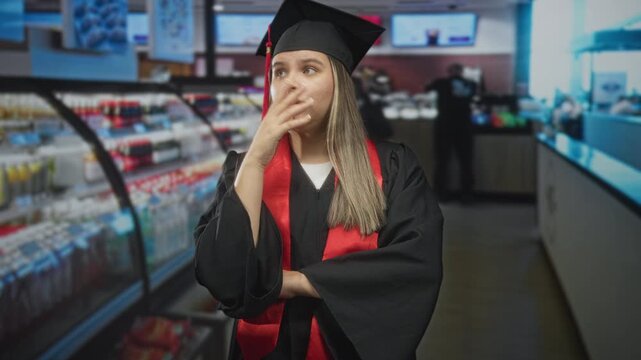 Young woman in graduation cap and gown shrugs with palm up in a convenience store aisle, tassel visible; uncertainty choices.