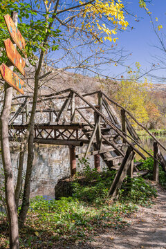 Wooden foot bridge for the Eco Trail crossing the Zlatna Panega River.
