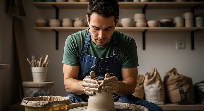 Male potter shaping clay on a pottery wheel in a studio workshop  