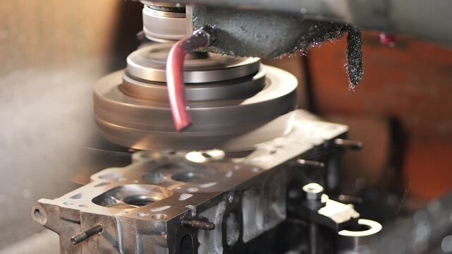 Handheld video shows CNC surface grinding of cylinder head face with rotating metal component and cutting tool removing material in precision machining workshop 2026