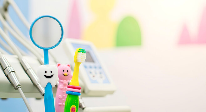 Cute tooth character model with dental tools on blue background for pediatric dentistry concept