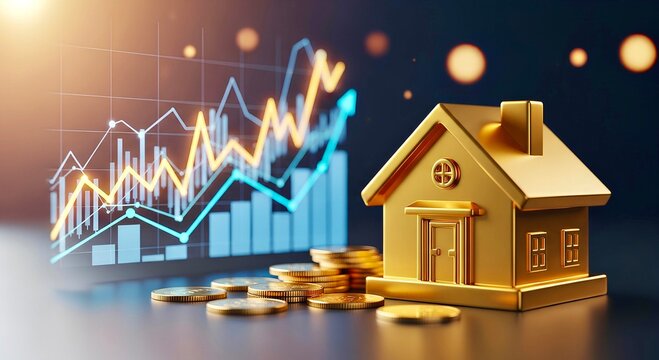Real estate investment growth and house market trends with golden house model and financial charts