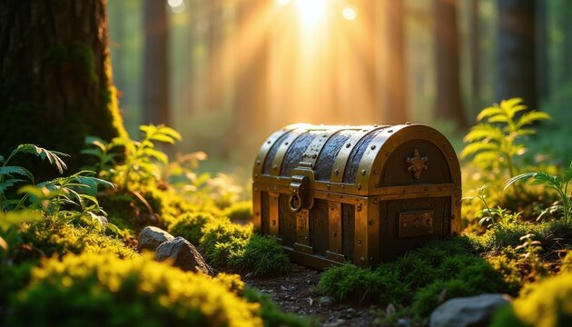 Old wooden treasure chest sits in mossy forest clearing. Golden sunbeams shine through trees onto antique locked box. Nature hides ancient secret discovery awaits.