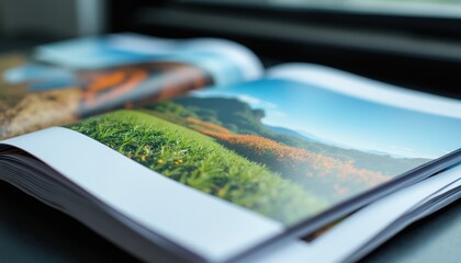 Naklejka premium Open book with saddle stitching displaying colorful landscape photos. Pages show green fields orange flowers blue sky and mountains. Another book blurred background.