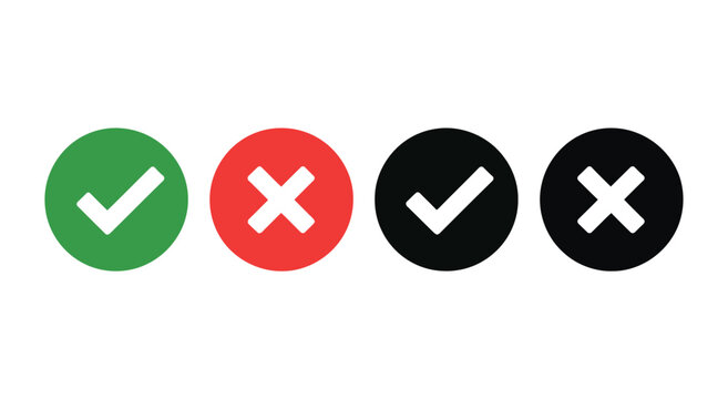 Selection of colored round checkmark and x cross symbols