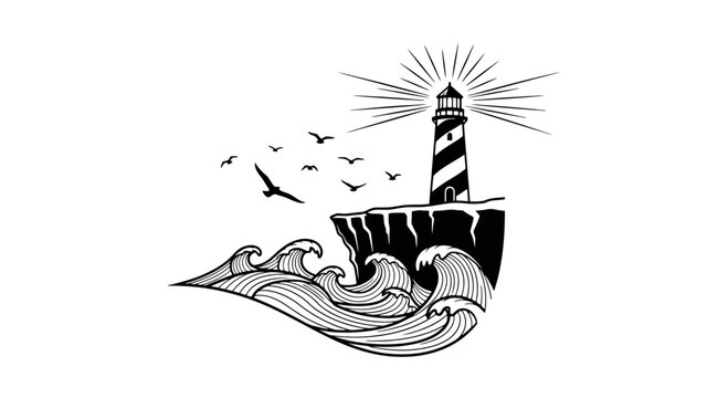 Black and white illustration of lighthouse on rocky coastline with waves and seagulls.