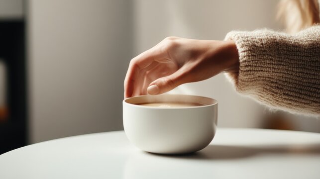 A close-up shows a feminine hand in a cozy knit sleeve gently reaching toward a white bowl of warm soup on a round table in soft natural light.