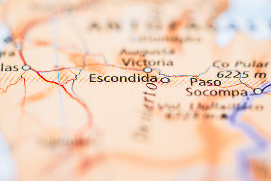 Close up map view of Escondida and Paso Socompa in northern Chile.