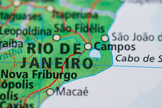 Macro atlas view of Rio de Janeiro state and Campos Brazil coastline.