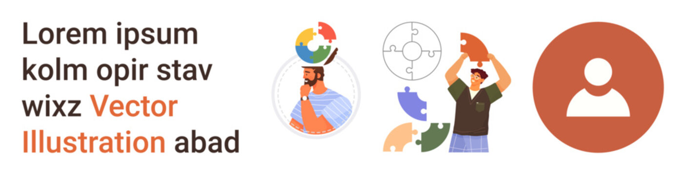 Problem solving, teamwork, self-reflection, identity, collaboration, planning. Illustrated man with puzzle-covered globe, symbolic gears collaborating people user profile icon. Problem solving