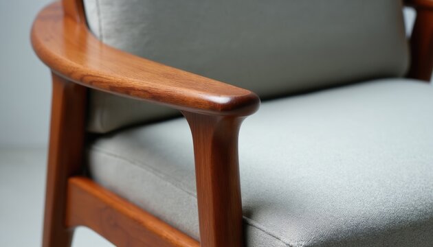 Elegant armchair with smooth wood frame and light fabric upholstery. Minimalist style single seat offers comfort and timeless design. Classic furniture for home interiors.