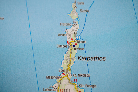 Detailed map of Karpathos island showing Olympos and Diafani in Greece.