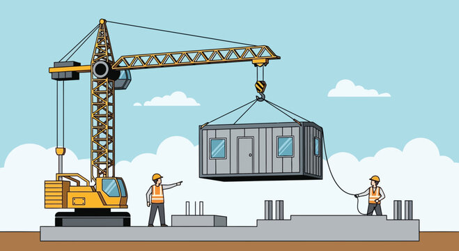 Construction workers with crane lifting module.