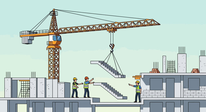 Construction workers with crane lifting metal.