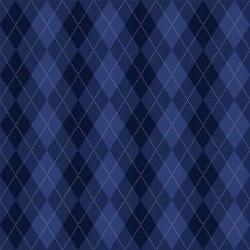 Argyle seamless pattern. Repeating blue argyles background for golf. Rhombus patterns navy plaid. Repeated knit design prents. Argyll diamond patern. Sweater bg. Winter wallpaper. Vector illustration