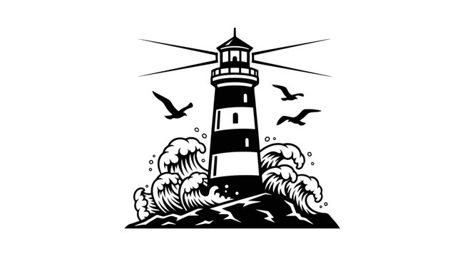 Black and white lighthouse on rocky coastline with seagulls flying overhead.