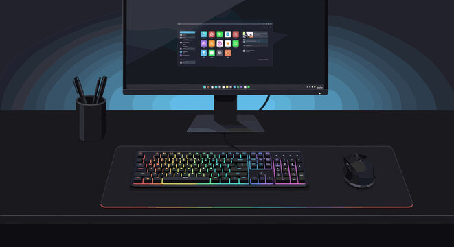 Computer monitor and keyboard on a desk with colorful lighting
