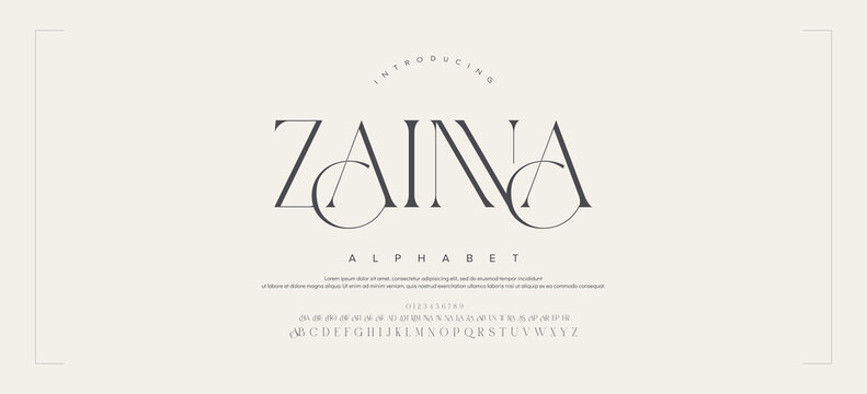 ZAINA Luxury wedding alphabet letters font with tails. Typography elegant classic serif fonts and number decorative vintage retro concept for logo branding. vector illustration