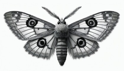 Obraz premium Detailed drawing of a moth with large eye spots on wings. Insect has fuzzy body and antennae. Isolated on white background. Great for nature education.