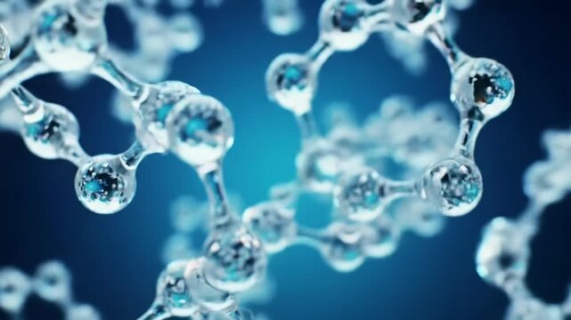 Mesmerizing translucent molecular structures gently floating on a sapphire to teal gradient background with bokeh. Concept of futuristic scientific visualization