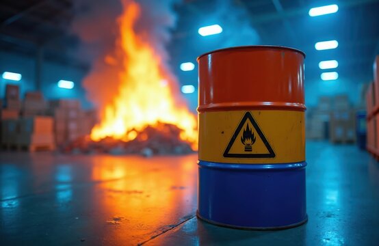 Flammable liquid barrel near large fire inside warehouse. Danger warning symbol on container. Boxes stacked in background. Hazardous material incident risk.