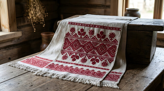 Traditional embroidered rushnyk towel on wooden chest in rustic interior setting