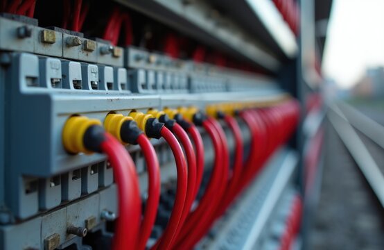Close-up of railway signal termination box with rows of red electrical cables connected to terminals. System infrastructure for train control and communication.
