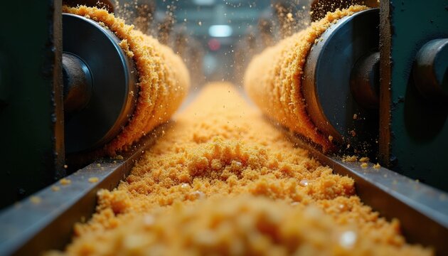 Sugarcane stalks are pressed by industrial rollers, extracting sweet juice for drink. Yellow pulp moves on conveyor belt in workshop. Sugar cane processing for food industry.