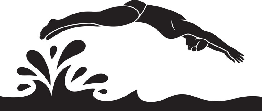 Black silhouette of a swimmer diving into water with splashes. silhouette vector illustration