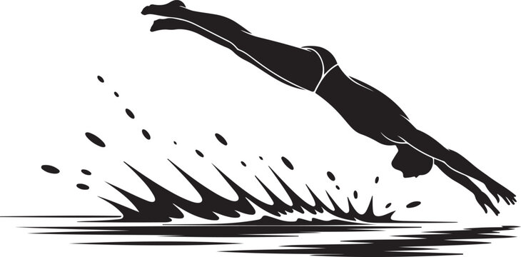 Black silhouette of a swimmer diving into water with splashes. silhouette vector illustration