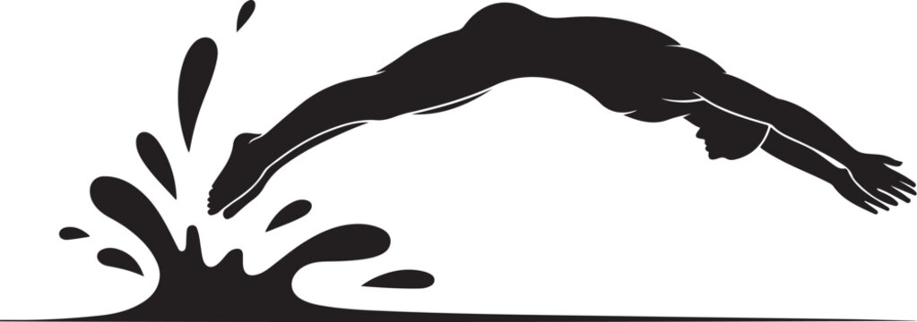 Black silhouette of a swimmer diving into water with splashes. silhouette vector illustration