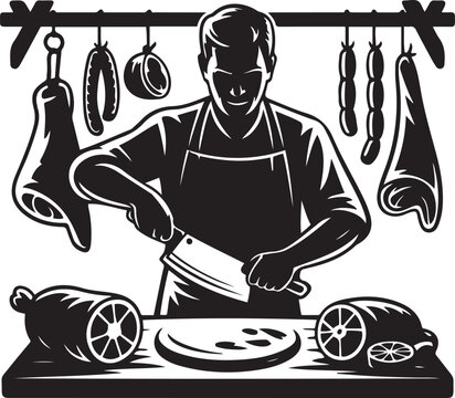 Butcher at work a black and white illustration of meat preparation. silhouette vector illustration
