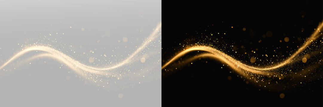 Abstract glowing gold particle stream forming smooth dynamic wave line with sparkling dust trail elegant motion energy effect for modern creative design projects
