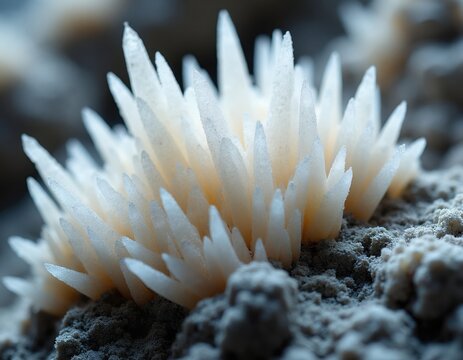 White fibrous hydroboracite crystals form radiating aggregates on gray granular evaporite. Macro view shows delicate needle like mineral structures. Natural geologic formation in desert beach setting.