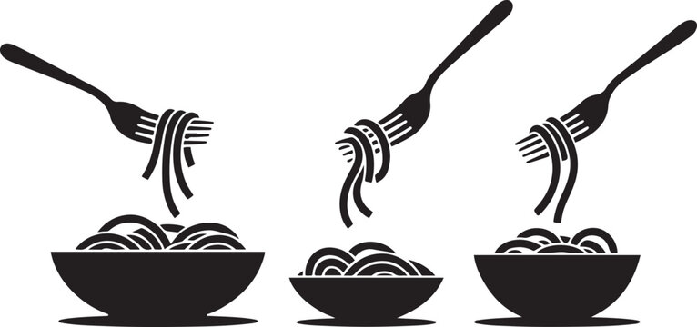 Minimalist illustration of pasta being lifted from bowls with forks. silhouette vector illustration