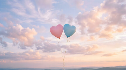 Fototapeta premium Soft pastel balloons shaped like hearts floating in the sky representing love and happiness. 