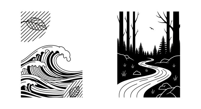 Black and white illustrations of natural scenery.