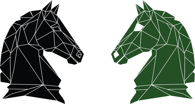 Polygonal knight chess pieces black and green silhouette design