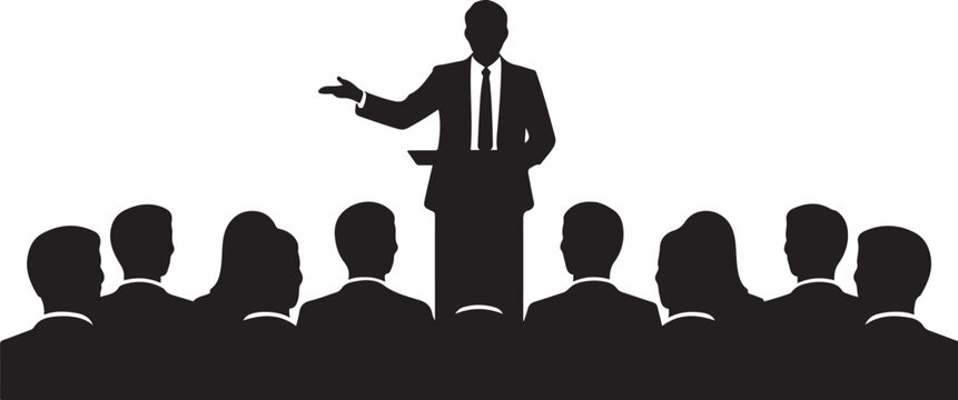 Simple black silhouette of a speaker presenting to an audience. silhouette vector illustration