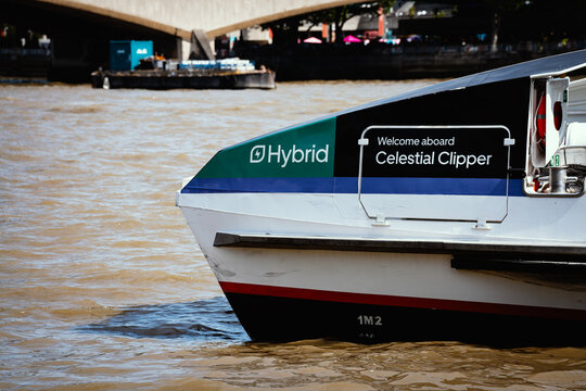 Celestial Clipper Hybrid Passenger Ferry - Uber Boat By Thames Clipper River Thames, Embankment Pier, Waterloo Bridge London, UK - May 2026