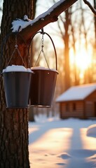 Obraz premium Maple buckets hang on tree trunks in a snowy forest during golden hour. A rustic cabin sits in the background, suggesting a traditional syrup-making process.