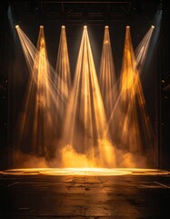 Fototapeta premium Stage Lighting Show with Golden Beams and Smoke on Dark Floor