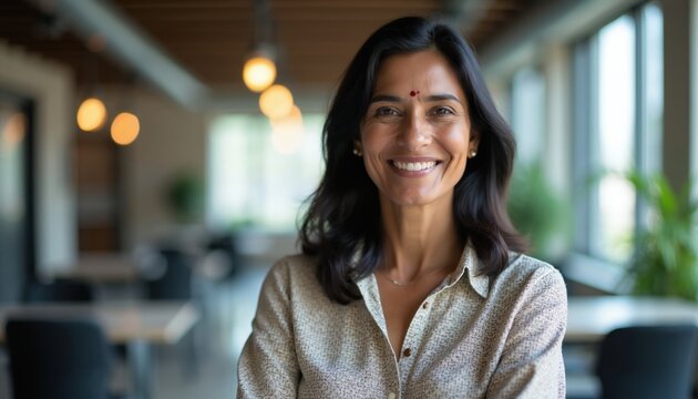 Indian woman, middle aged, smiles warmly. She poses for headshot at modern office. Confident professional looks at camera, wearing business casual shirt. Red bindi marks forehead.