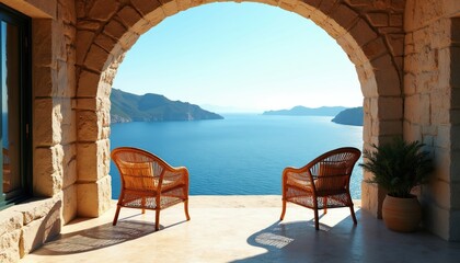 Obraz premium Cozy terrace with rattan chairs offers stunning sea views from stone archway. Peaceful vacation spot with ocean panorama. Perfect summer relax getaway destination for tranquil escape.