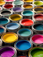 Fototapeta premium Vibrant high angle close up of multiple open paint cans filled with various bright colors like yellow, blue, and pink. Ideal for creative art, home renovation, and design concepts