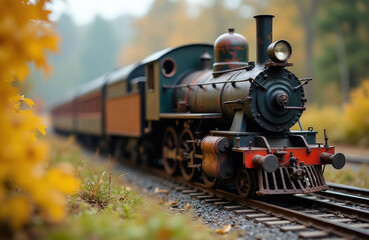 Naklejka premium Old steam train model on track in autumn forest. Weathered locomotive with rusty details travels on miniature railway among yellow leaves. Old train journey.