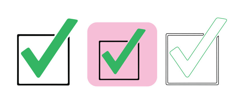 Set of three green checkmarks inside square boxes for approval or confirmation