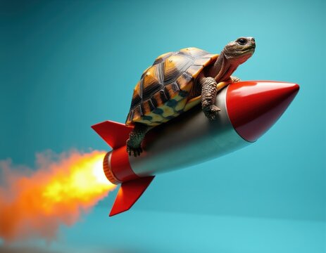 Tortoise rides rocket with fire trail, moving fast through blue sky. Animal achieves quick success and unexpected progress. Business growth concept, funny motivation.
